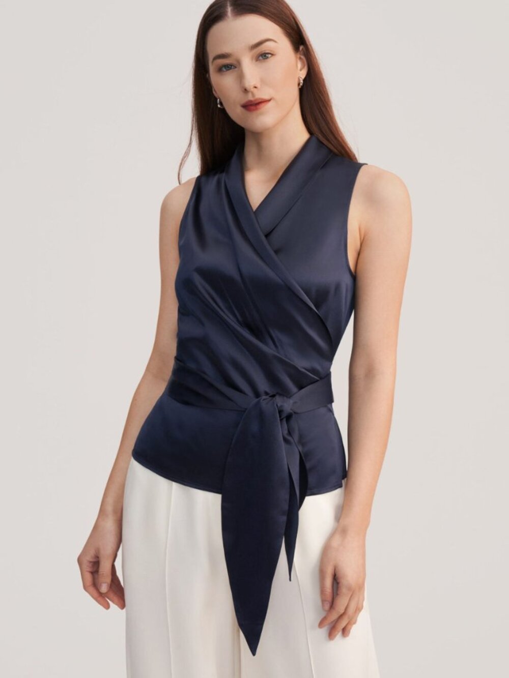 NWT LilySilk Women's Elegant Navy Silk Wrap Blouse for Office/Formal Wear size 6
